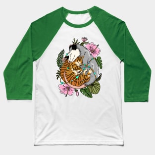 Cat and opossum sleeping in tropical plants and flowers Baseball T-Shirt